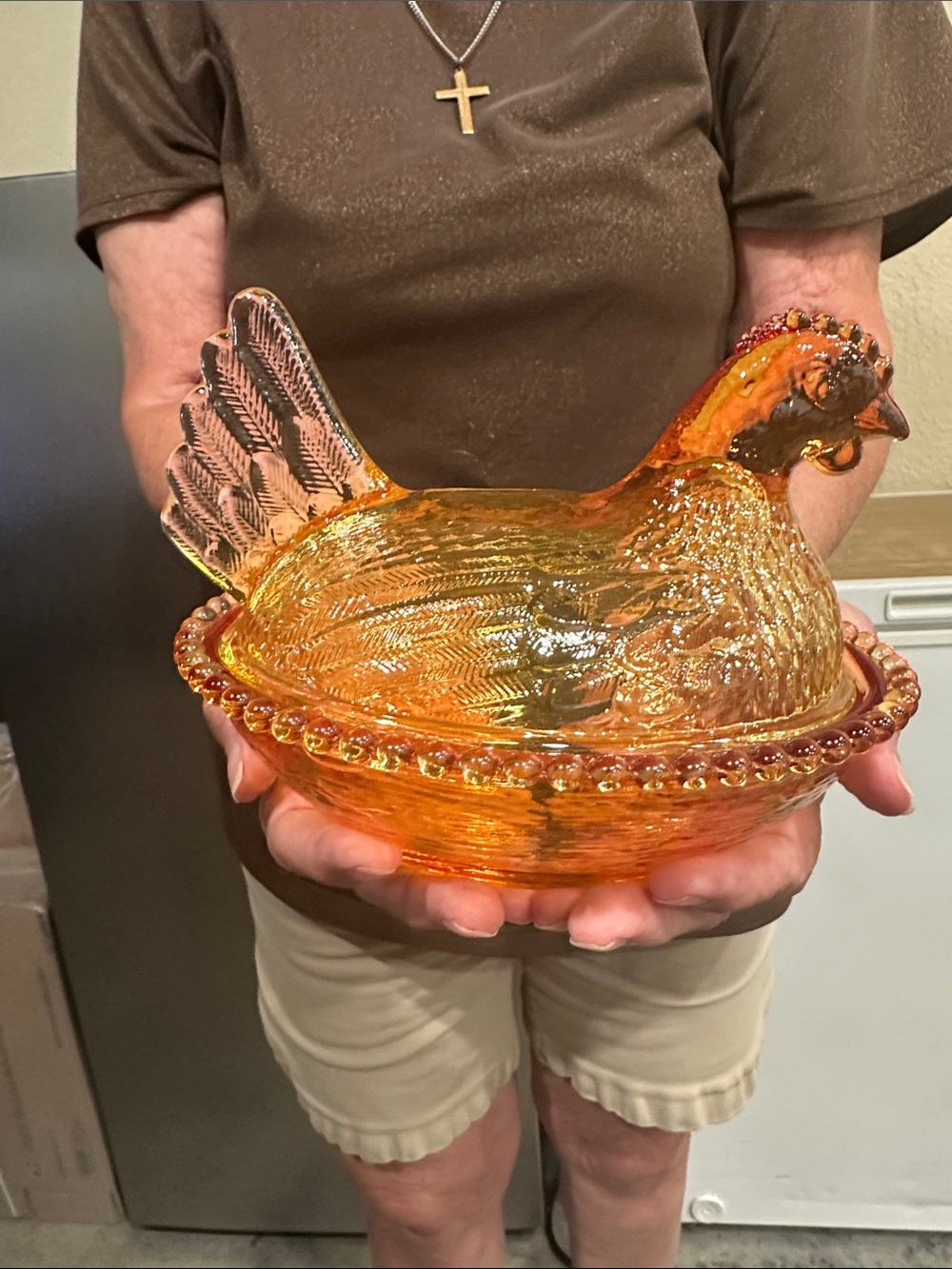 Amber Glass Hen-on-Nest Covered Dish – Decorative Amber Home Accent - Picture 2 of 7